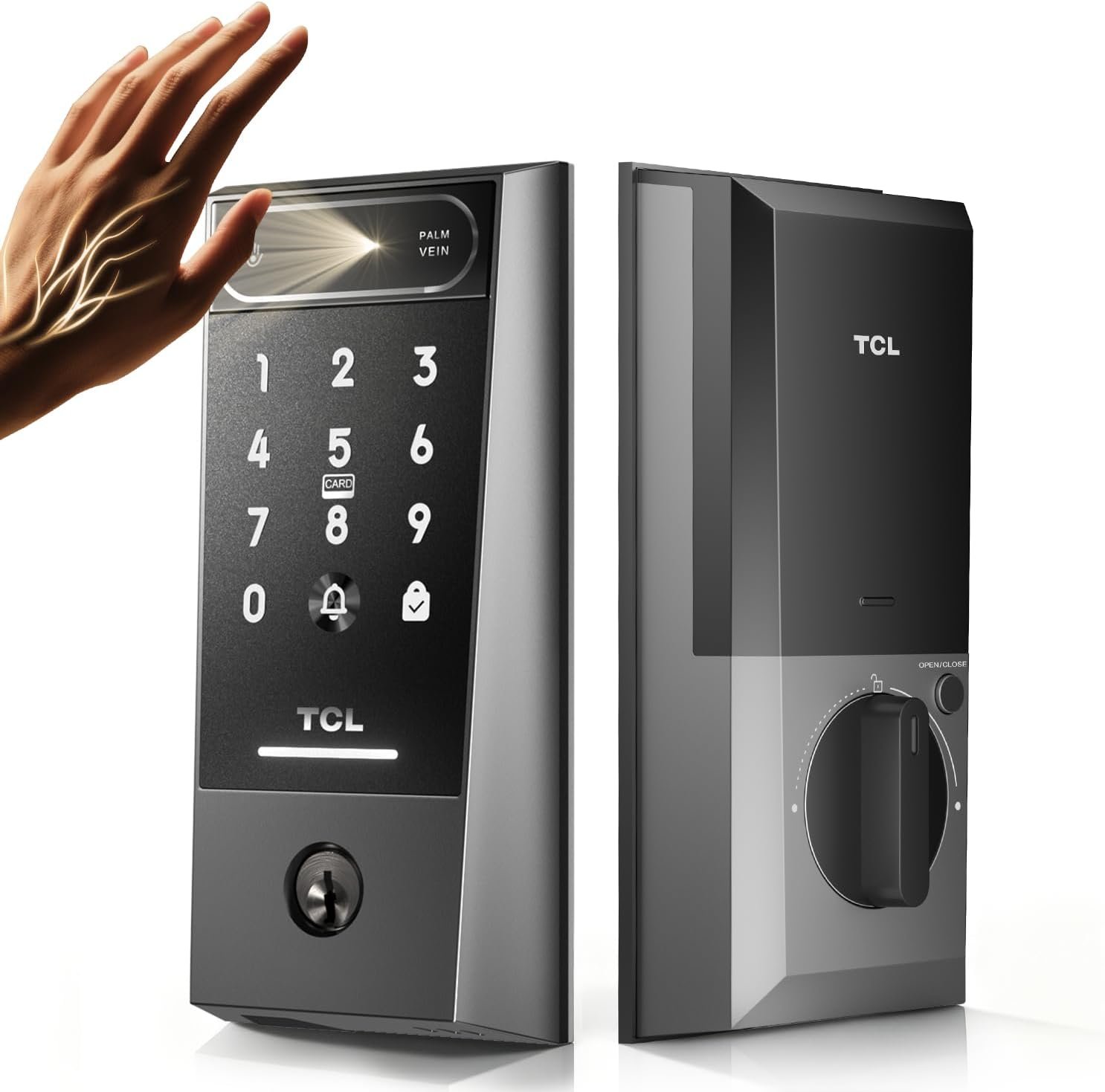 TCL D2 Pro Smart Lock with Palm Vein Recognition, Wi-Fi Keyless Entry Deadbolt Door Lock, Built-in Doorbell, IP55 Waterproof, Rechargeable Battery, Auto Lock for Front Door (Dark Grey)