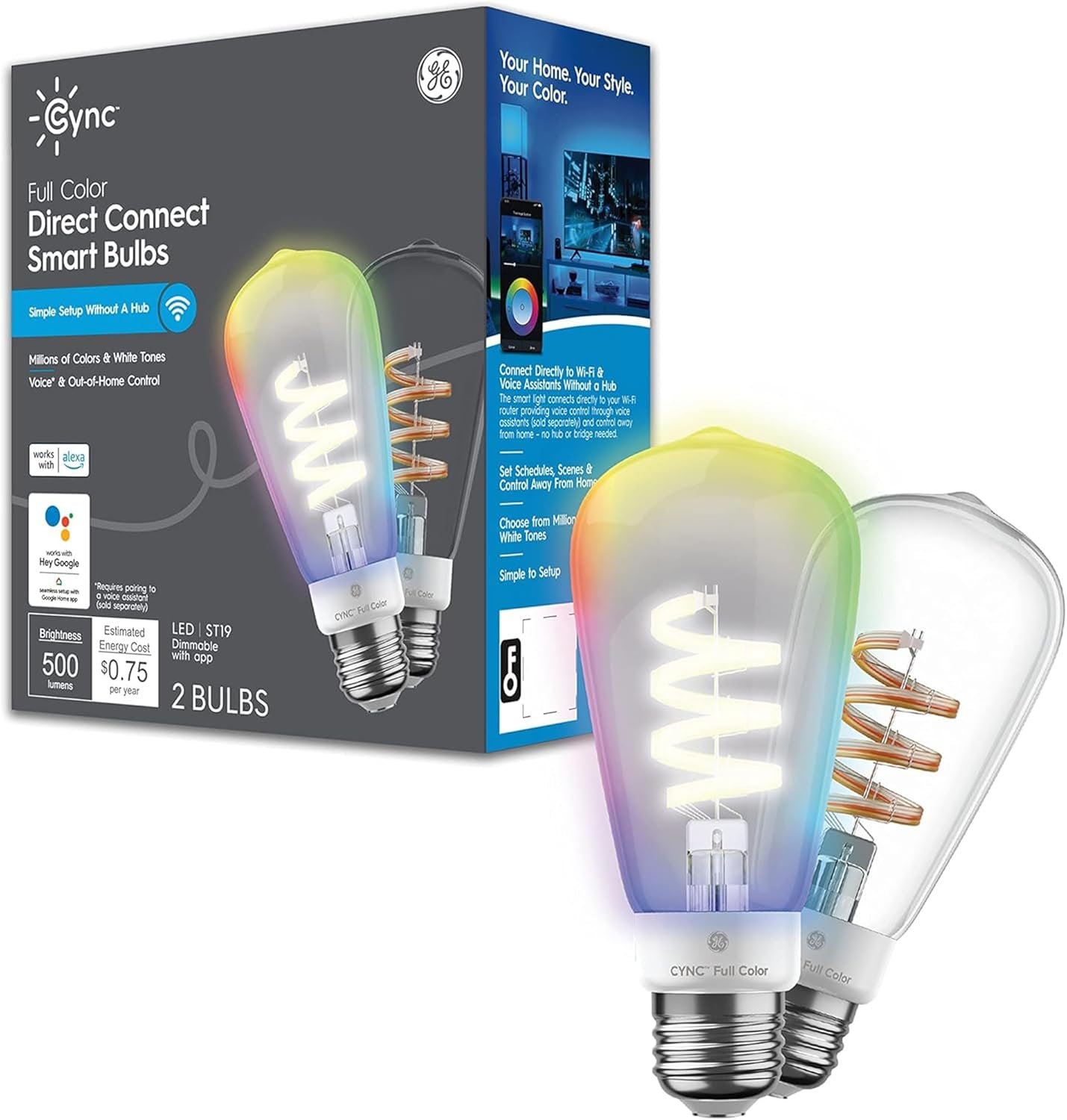 Cync GE Smart LED Light Bulb, ST19 Edison Style, Room Decor Aesthetic, Color Changing WiFi Light, 60W Equivalent, Works with Amazon Alexa and Google Home (Pack of 2)