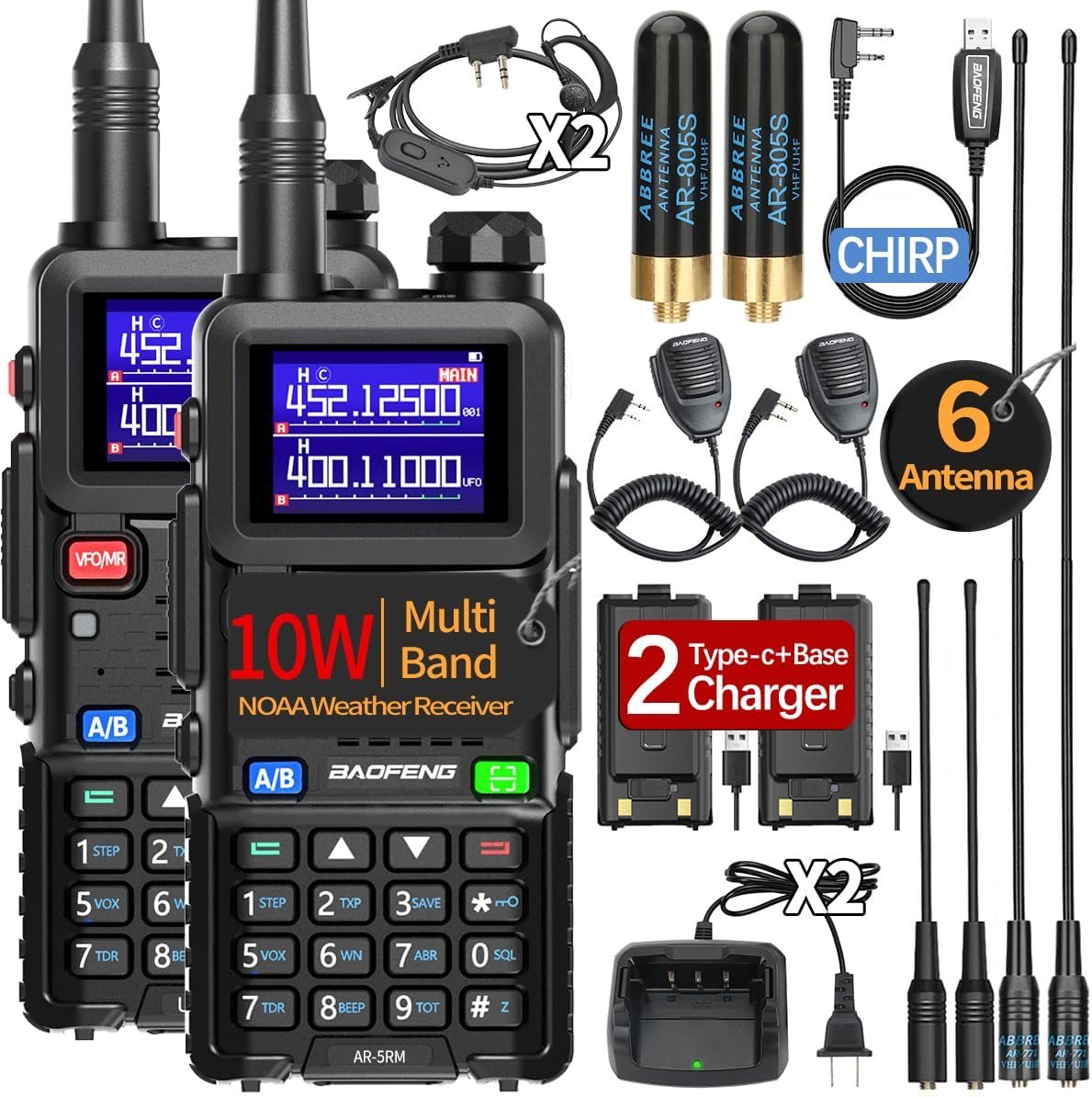 Baofeng Radio Ham Radio Long Range AR-5RM 10W Handheld Emergency NOAA Weather Radio 999CH Rechargeable Walkie Talkies with Programming Cable,USB-C Charging for Survival Gear Hunting Camping,2 Pack