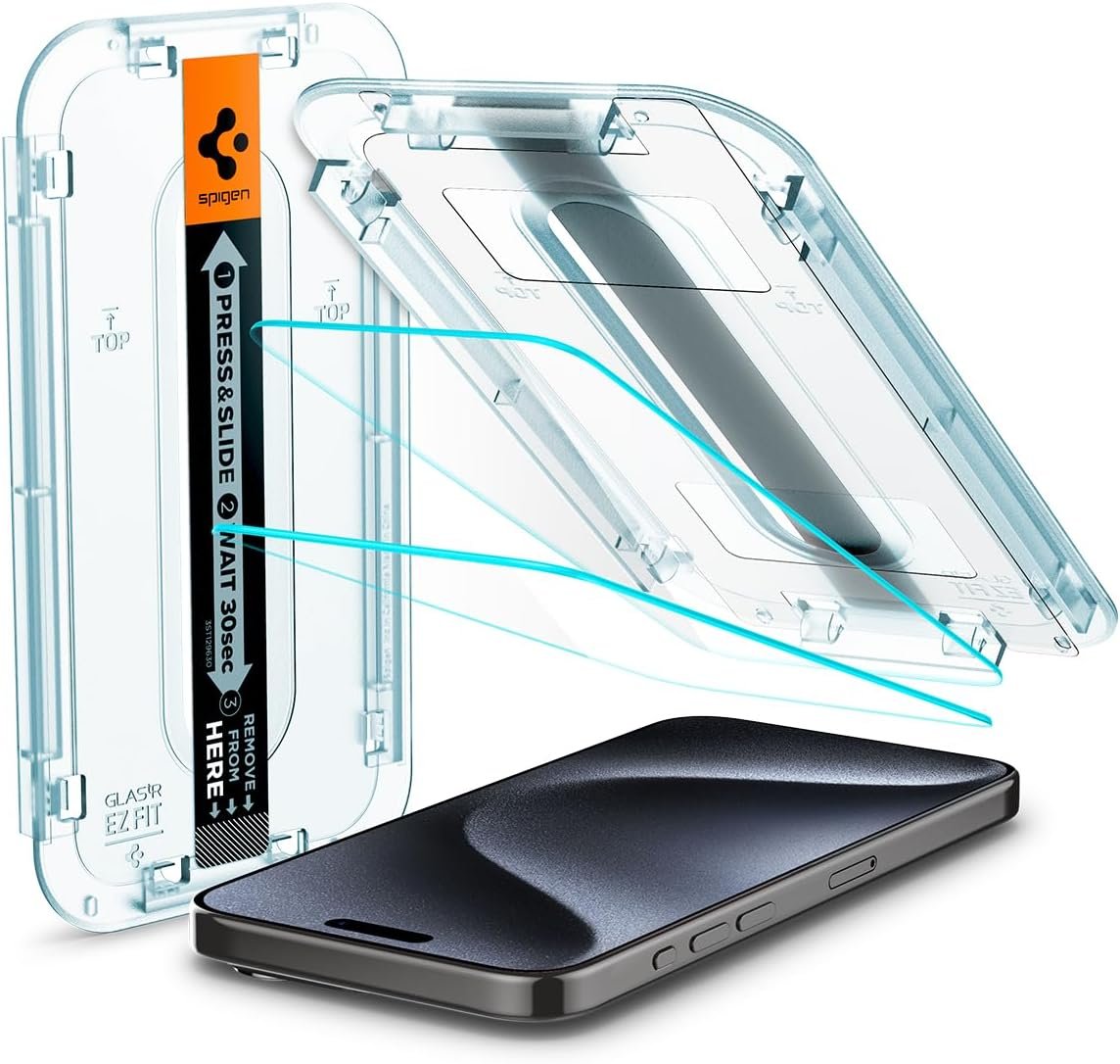 Spigen Tempered Glass Screen Protector [GlasTR EZ FIT] designed for iPhone 15 Pro [Case Friendly] – 2 Pack