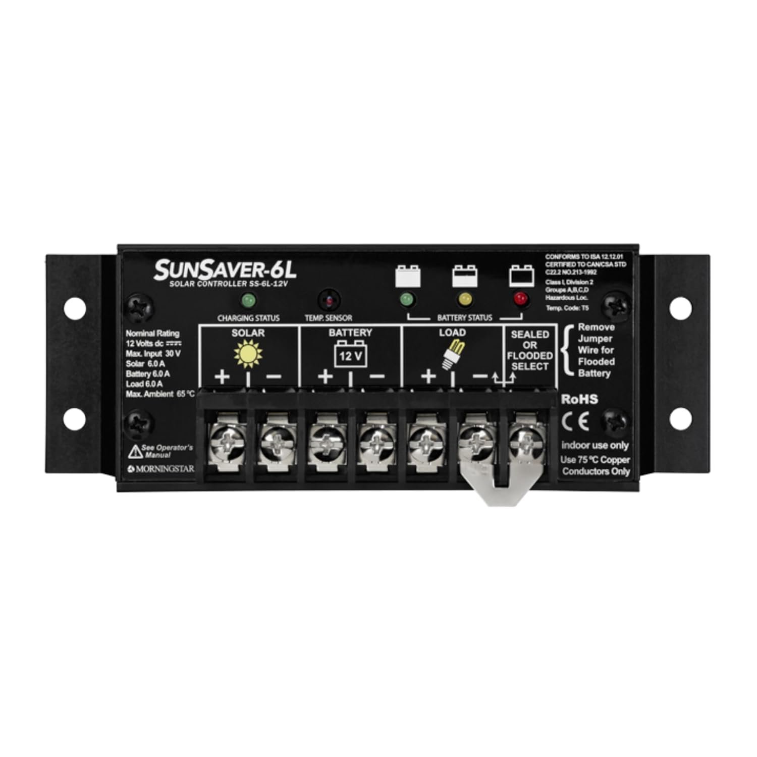 Morningstar SunSaver 6A PWM Solar Charge Controller (SS-6L-12V) – Solar Panel Regulator for 12V Batteries, Four Stage Battery Charging, LVD, HazLoc Rated, Low Noise, 5 Year WTY – Designed in The USA