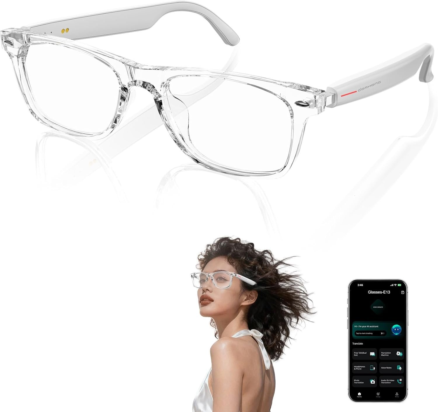 AI Smart Glasses with Chat GPT for Women and Men, Bluetooth Translation Glasses with 164 Languages, Open Ear Audio with Mic & Speakers, Hands-Free Calls, UV Protection & Anti-Blue Light