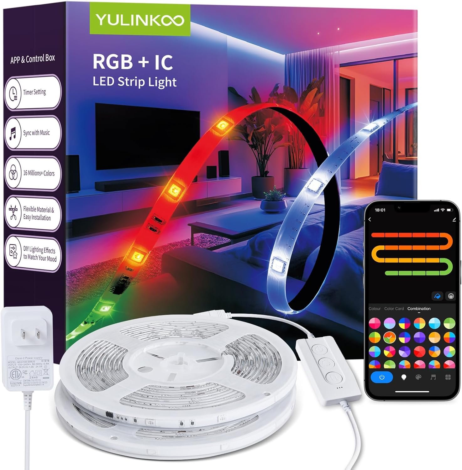 RGB+IC LED Strip Light, 16.4ft Smart LED Light for Bedroom, Bluetooth APP Control, Color Changing LED Strip Lighting, 44 Scene Modes, Music Sync, TV Backlight Behind Strip, Home Decor, Gaming Room
