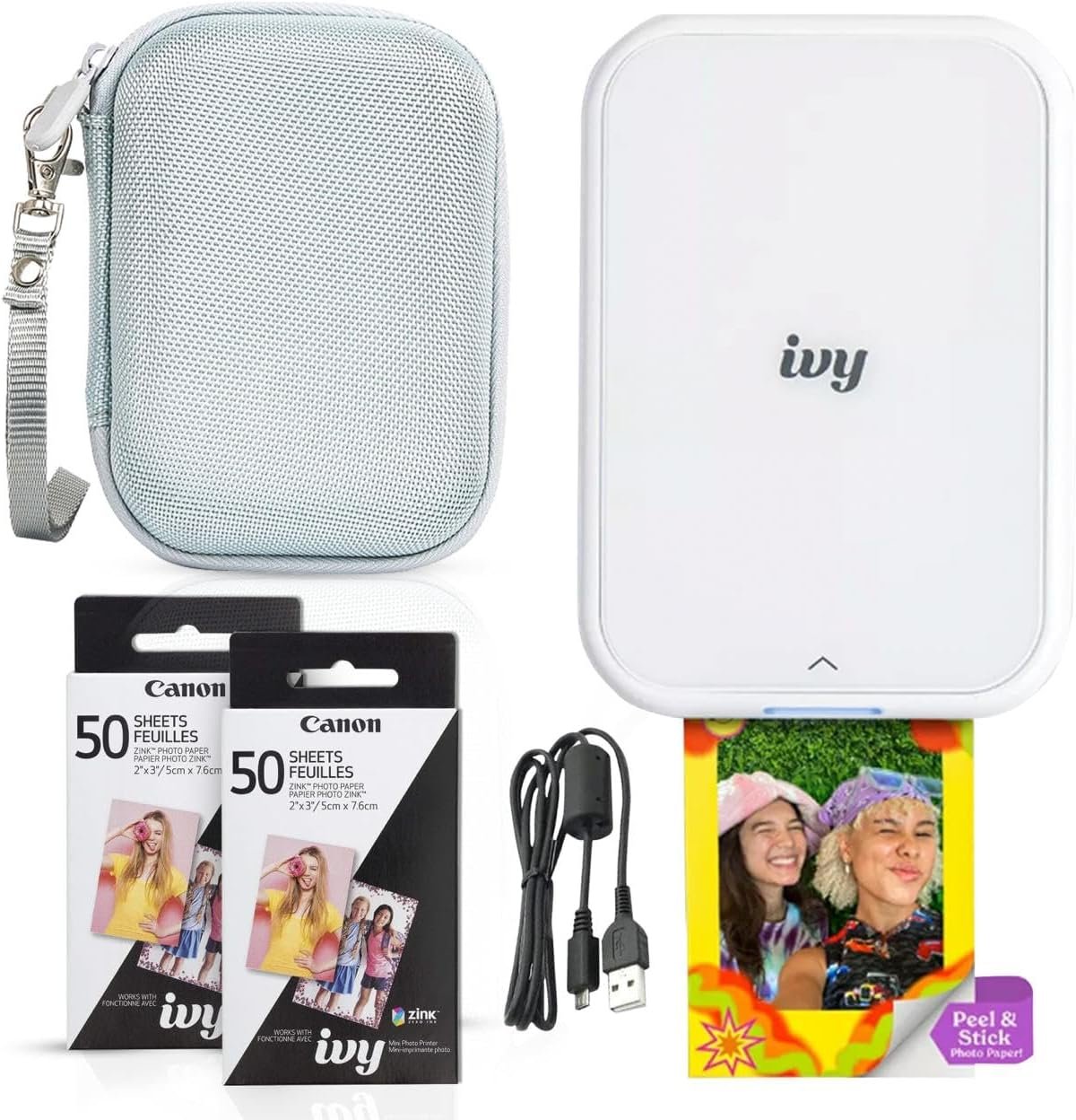 Canon Ivy 2 Mini Photo Printer (Pure White) – Bluetooth, Print from iOS & Android Devices, Bundle Incl. 110 Zink Sticky-Back Prints, LED Light Bar, Protective Case, and USB Cable