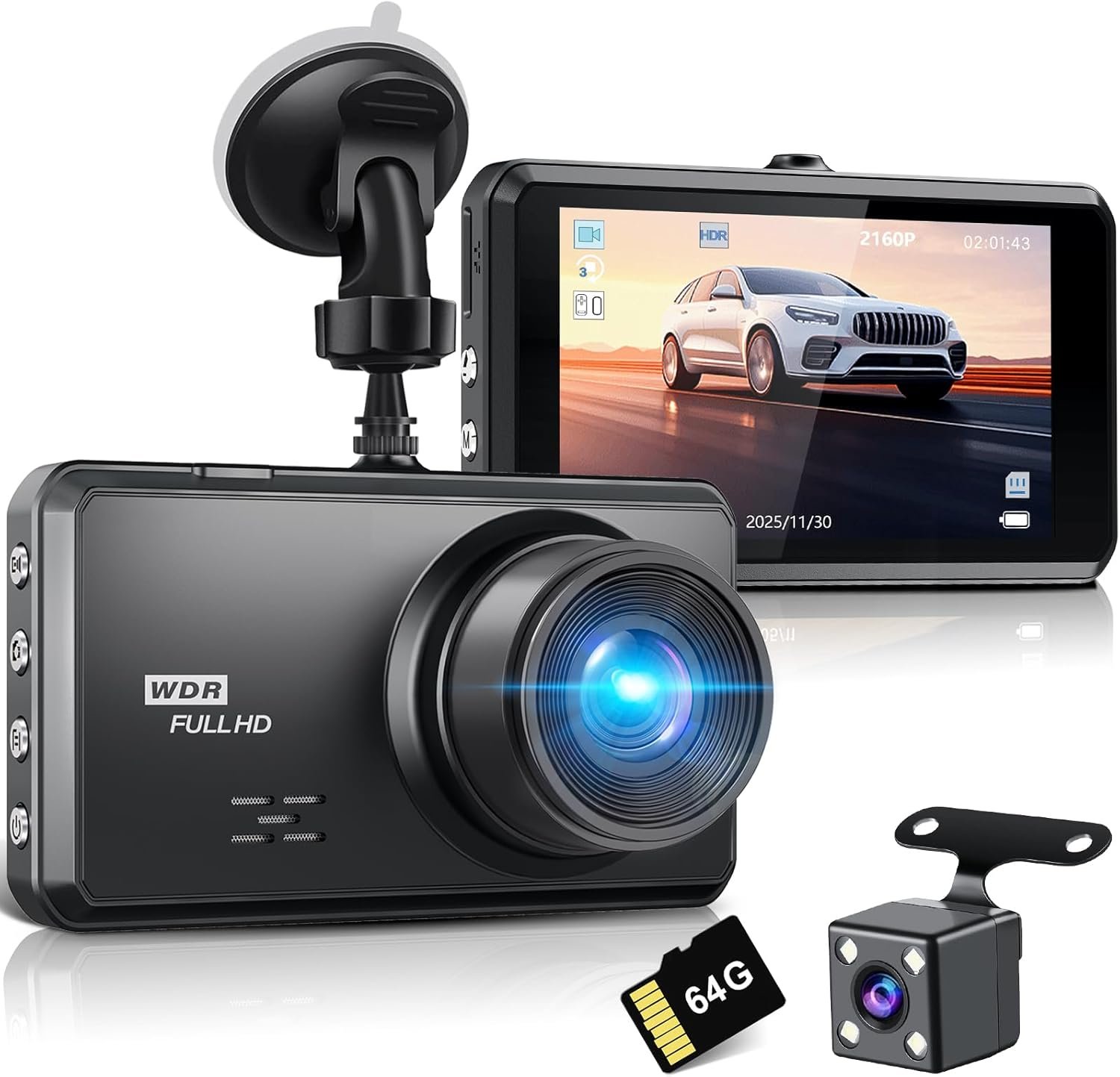 Miden S7 4K Dash Cam Front and Rear, 64G SD Card,2160P+1080P FHD Dual Dash Camera for Cars,176°+160° Wide Angle,3.2” IPS Screen Dashcam,Loop Recording,G-Sensor,WDR,24H Parking Monitor,Night Vision