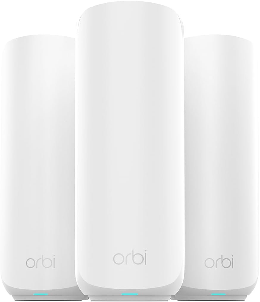 NETGEAR Orbi 370 Series Dual-Band WiFi 7 Mesh Network System for Home (RBE373) – Wireless Router + 2 Extenders, Security Features, 5 Gbps, Covers 6,000 sq.ft., 70 Devices, 2.5GB Internet Port, BE5000