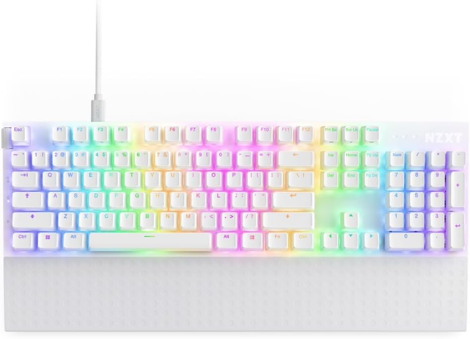 NZXT Function 2 Full-Size Wired Optical Gaming Keyboard – 8K Polling Rate – Linear Optical Switches – Adjustable Actuation – Double-Shot PBT Keycaps – RGB – Hot-Swappable – White