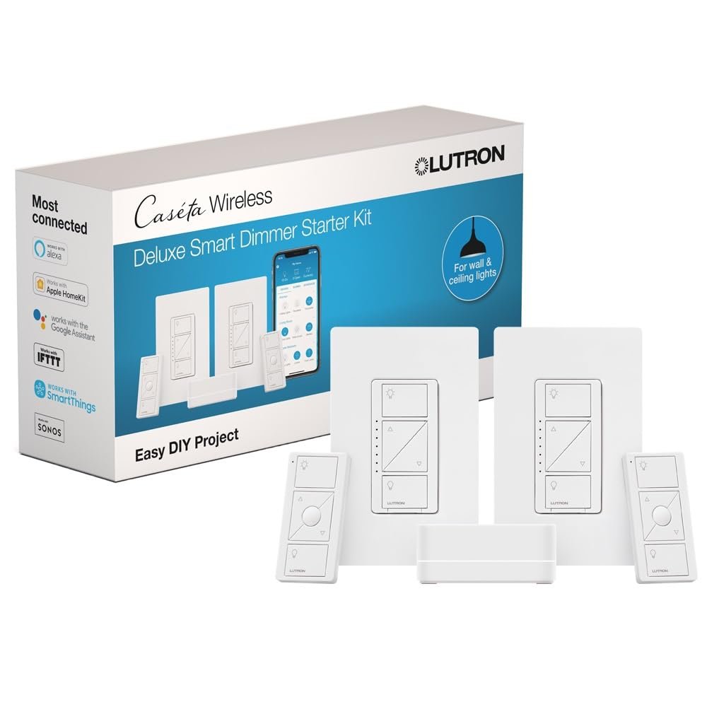 Lutron Caseta Original Smart Dimmer Switch Kit, 2 Dimmer Switches, 2 Wall Plates, 2 Pico Remotes, and Smart Hub, Works with Alexa, Apple Home, Google Home, 3 Way, 150W, No Neutral, P-BDG-PKG2W-A