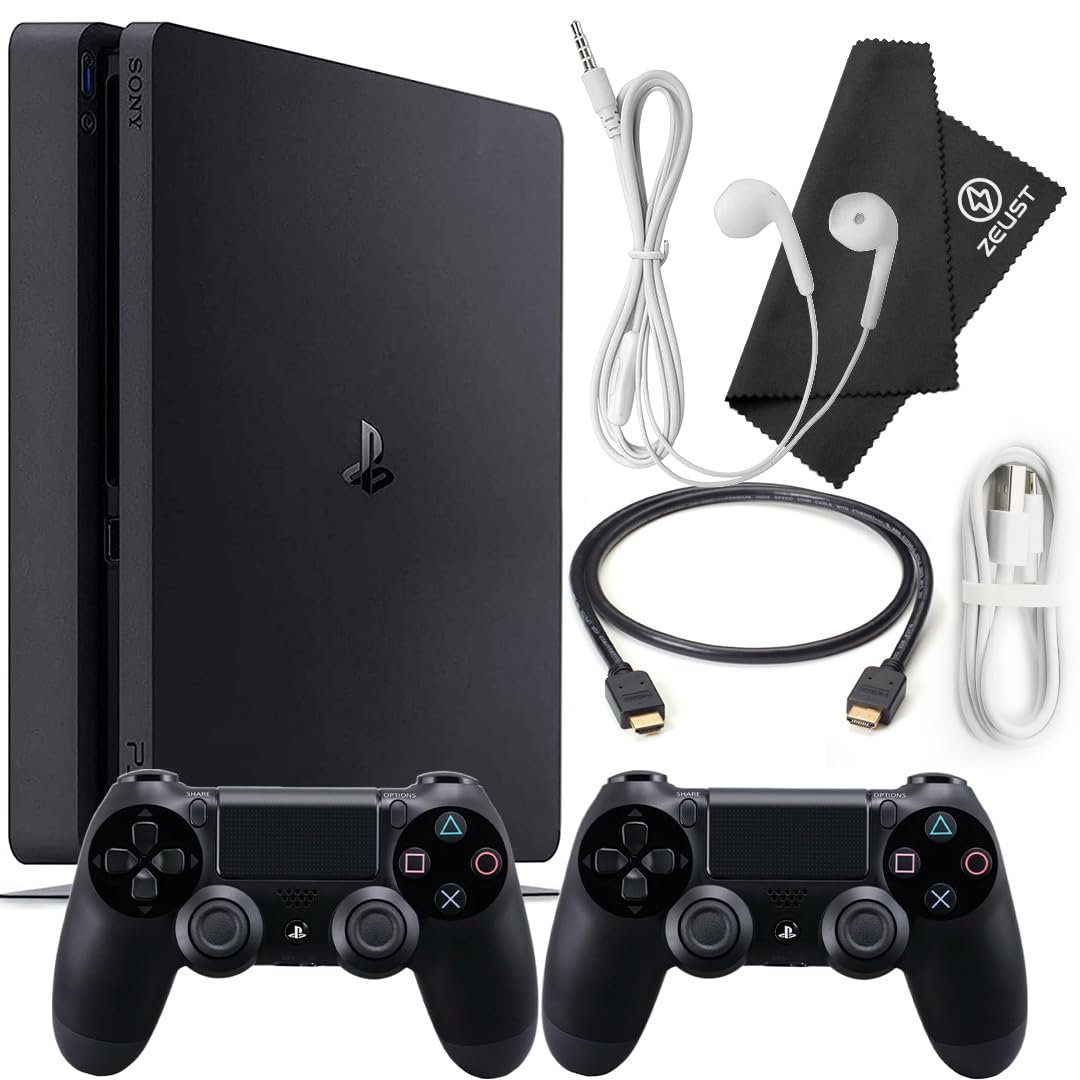 Zeust PlayStation 4 Slim 1TB Console Bundle – Includes the PS4 Console Slim 1TB, 2 Dualshock 4 Wireless Controllers, MicroUSB Charging Cable, HDMI cable, Wired Earbuds and Microfiber Cloth (Renewed)