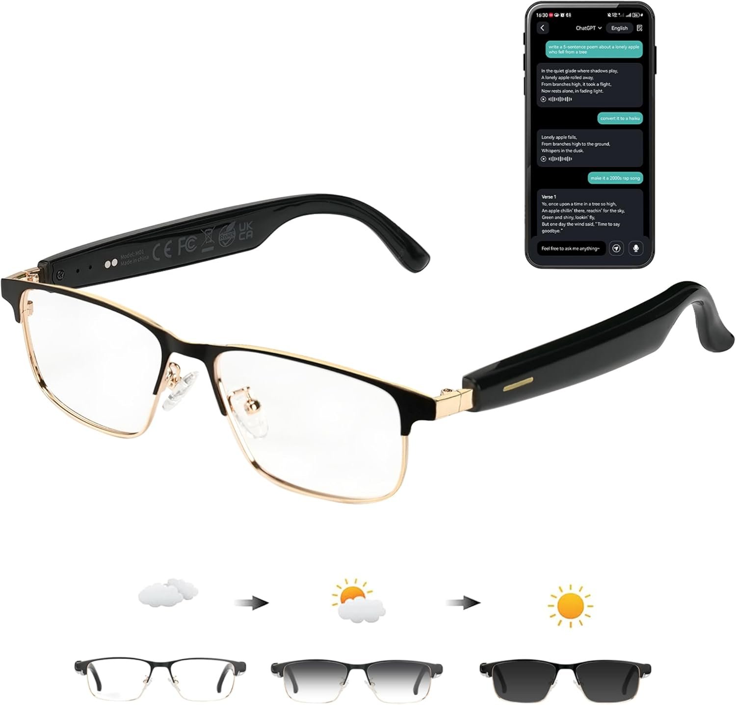 Ai Translation Smart Glasses with Chat GPT & Deepspeek Bluetooth Glasses for Men Women with 164+ Language & Accents, Translation Glasses Color-Change Lens, Open Ear Lighweight Eyeware
