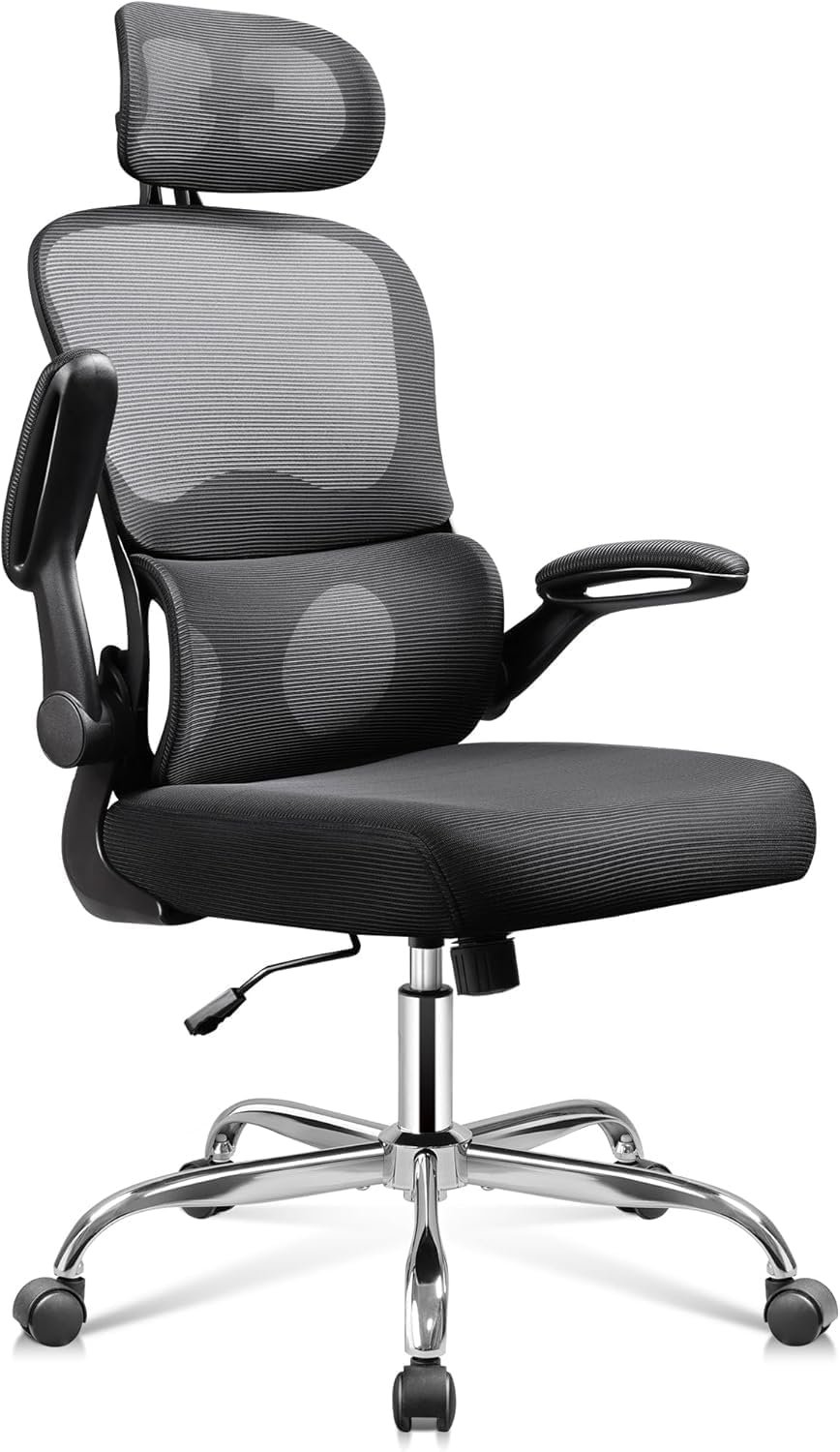 DEVAISE Ergonomic Mesh Desk Chair, Separated-Adjustable Lumbar Support，Large Cushion, Flip-up Armrests, 90-125° Rocking Tilt, for Home Office Computer Gaming, Black