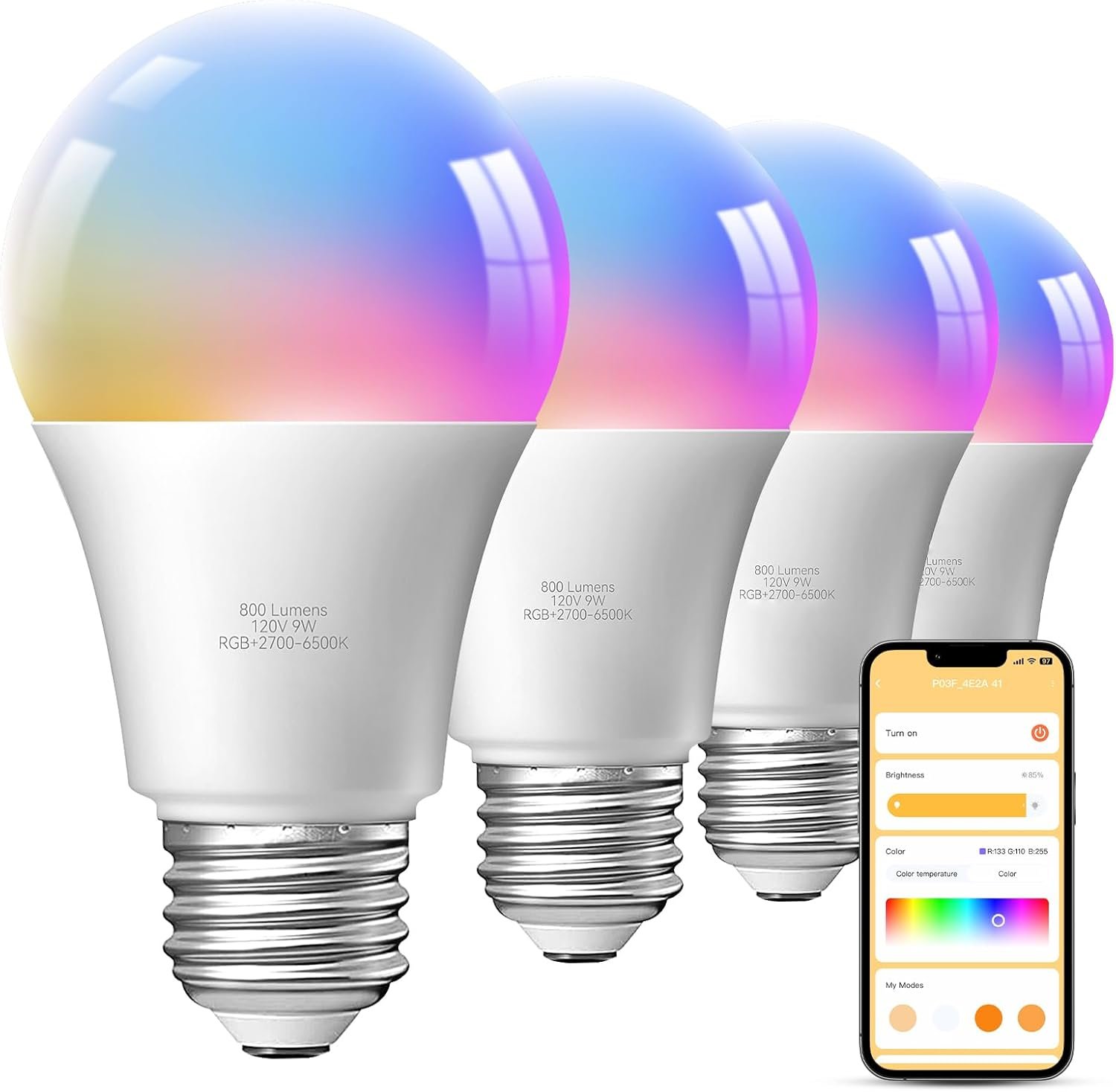 TJOY 4 Pack Smart Light Bulbs, Bluetooth WiFi Led Bulb Work with Alexa &Google Assistant, RGB Color Changing Alexa Bulbs, Music Sync, 2700K-6500K, 9W(60W Equivalent), A19 E26 800LM, 2.4Ghz WiFi only
