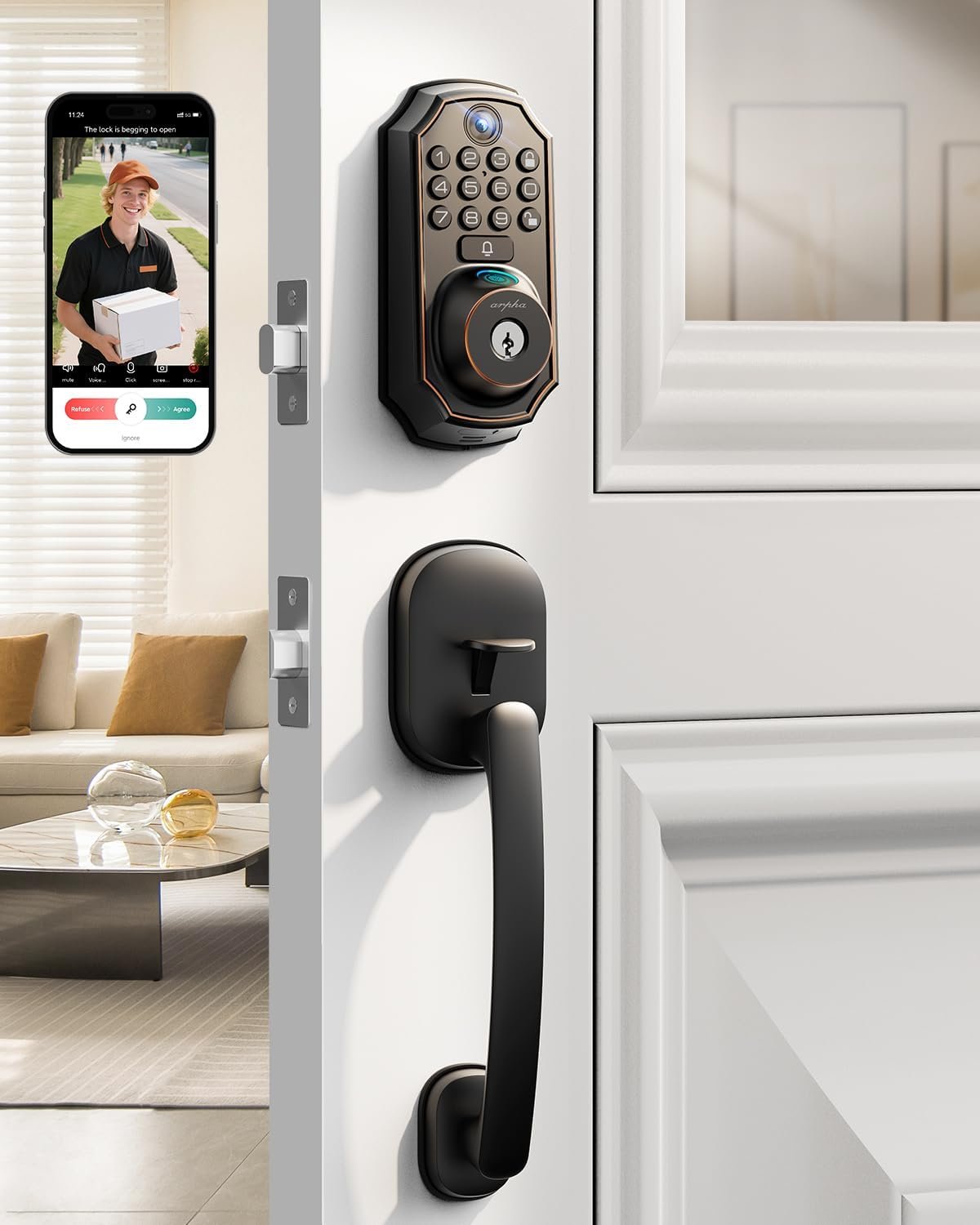 Keyless Entry Deadbolt with Handle Set – WiFi Smart Lock with Camera, 5-in-1 Camera+Doorbell+Fingerprint+Keypad, App Control, Auto Lock, Easy Install, Waterproof for Front Door