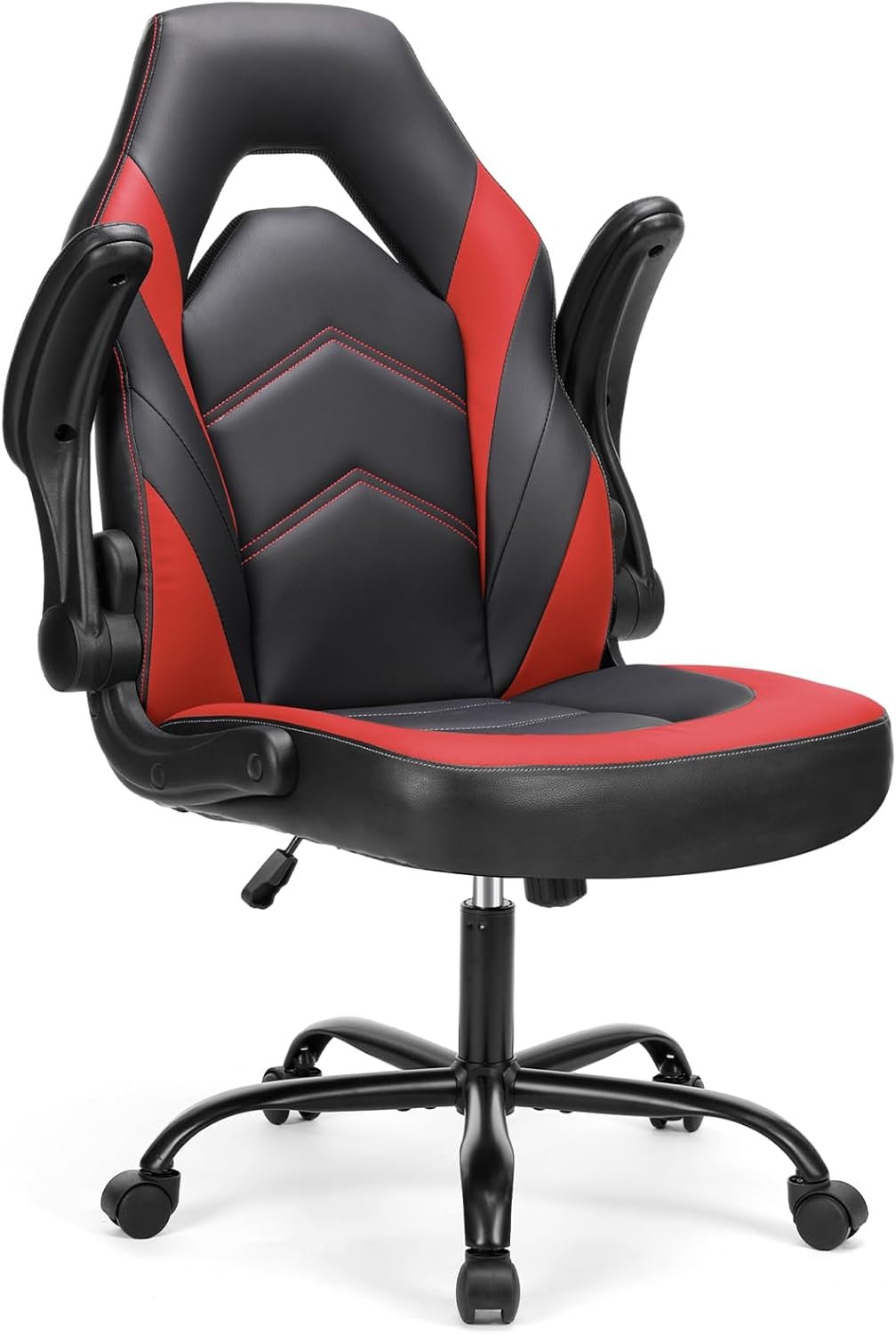 Sweetcrispy Computer Gaming Desk Chair – Ergonomic Office Executive Adjustable Swivel Task PU Leather Racing Chair with Flip-up Armrest for Adults, Kids, Men, Girls, Gamer, Black Red