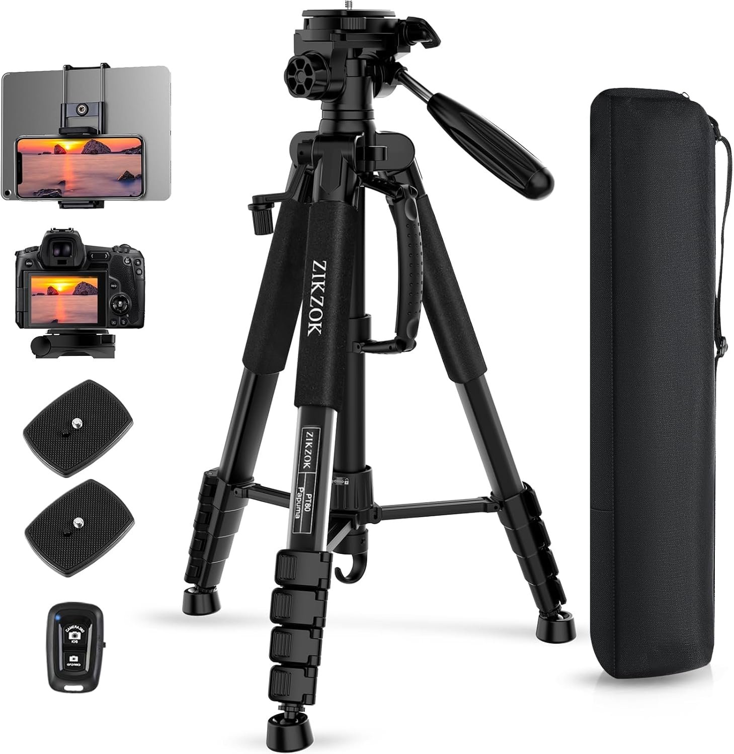 75″ Camera Tripod, Aluminum Heavy Duty Camera Stand for ipad Phone, Travel Tripod with/Carry Bag/Phone Tablet Holder, Compatible with Canon Nikon Sony DSLR, Spotting Scopes, Max Load 15 Lb(Black)