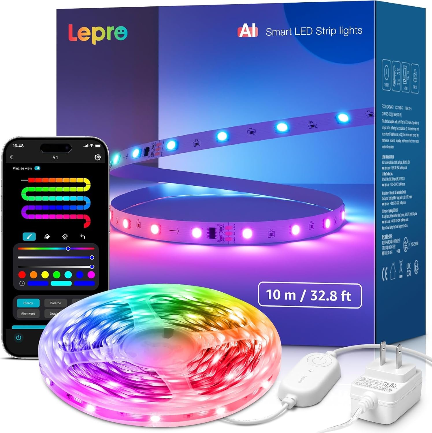 Lepro S1 AI LED Strip Lights for Bedroom – 32.8ft Smart RGB Light Strips with IC and Rainbow Chasing Effects, Color Segment DIY, Personalized Al Lighting Designer, No Remote, 2.4G Wi-Fi & Bluetooth