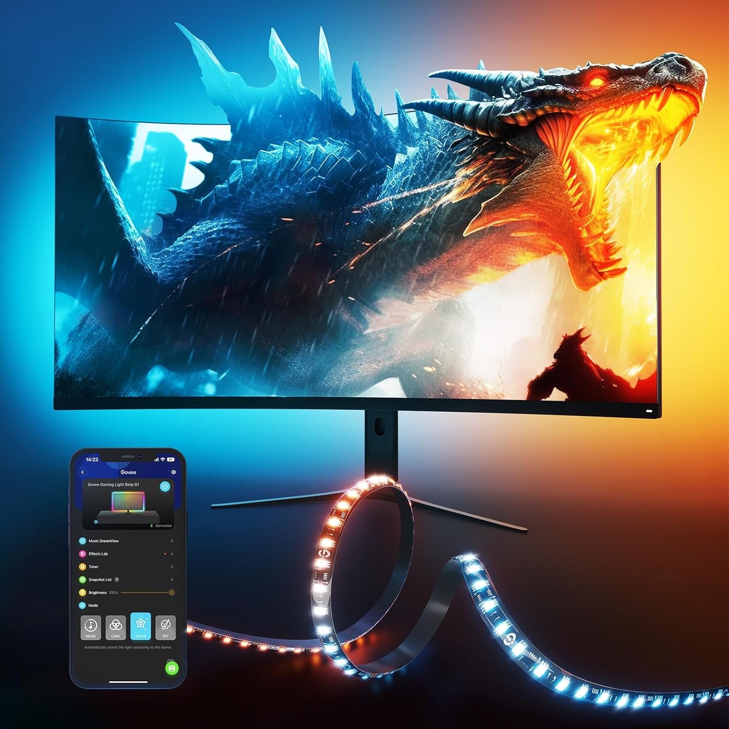 Govee Gaming Light for Monitor G1, RGBIC LED Backlight for 27-34 Inch PC, Smart LED Lights for Monitors with Color Matching, Adapts to Curved Monitors, Double Strip Light Beads with 123 Scene Modes
