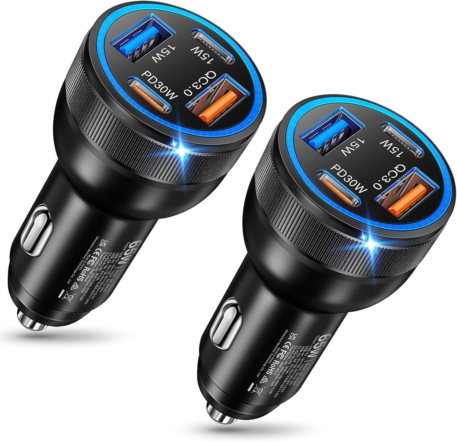 USB C Car Charger, 2 Pack 4-Port 65W Dual USB C & USB-A Cigarette Lighter USB Charger Multiport Type C Car Charger Adapter Phone Plug Cargador Carro Fast Charging for iPhone 17 16 15, iPad, Galaxy