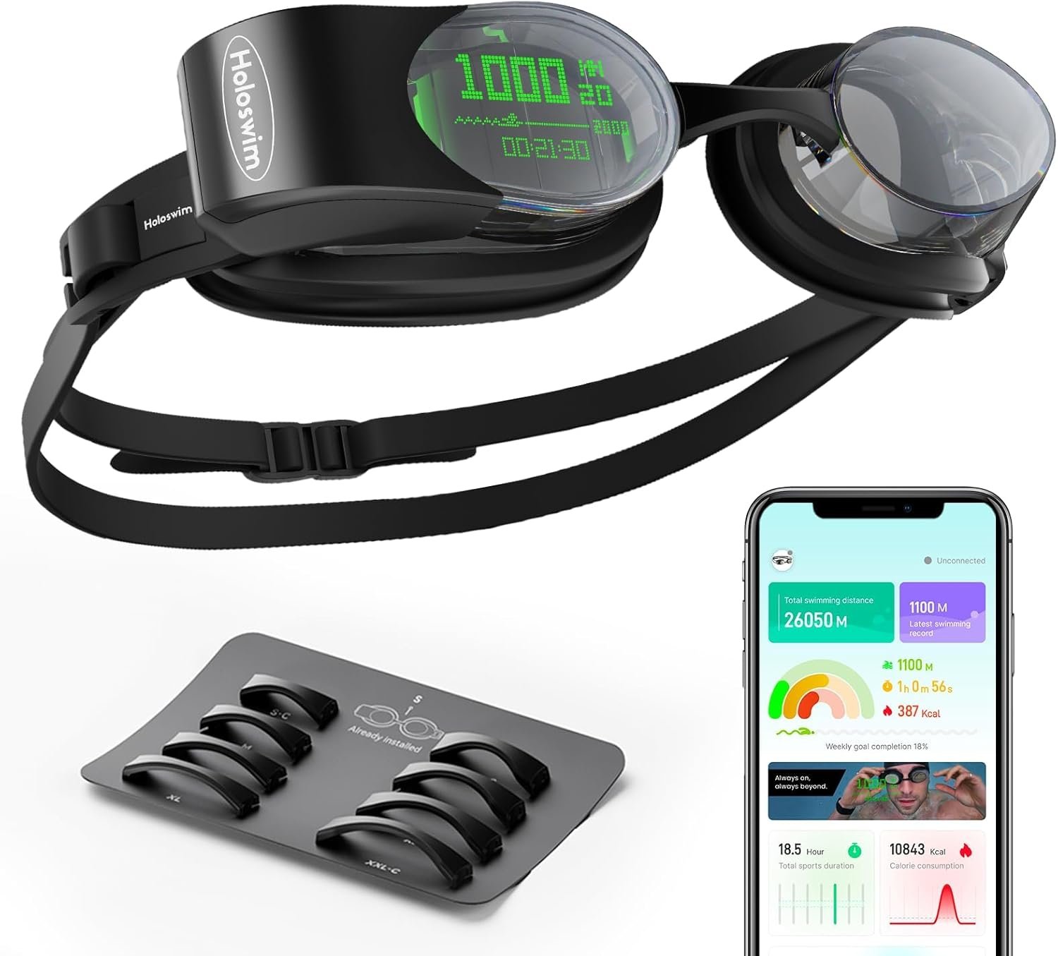 Holoswim Smart Swim Goggles 2PRO, AR Real-Time Display, Data Tracking & Training Plans Swim Goggles, Nano Anti-Fog