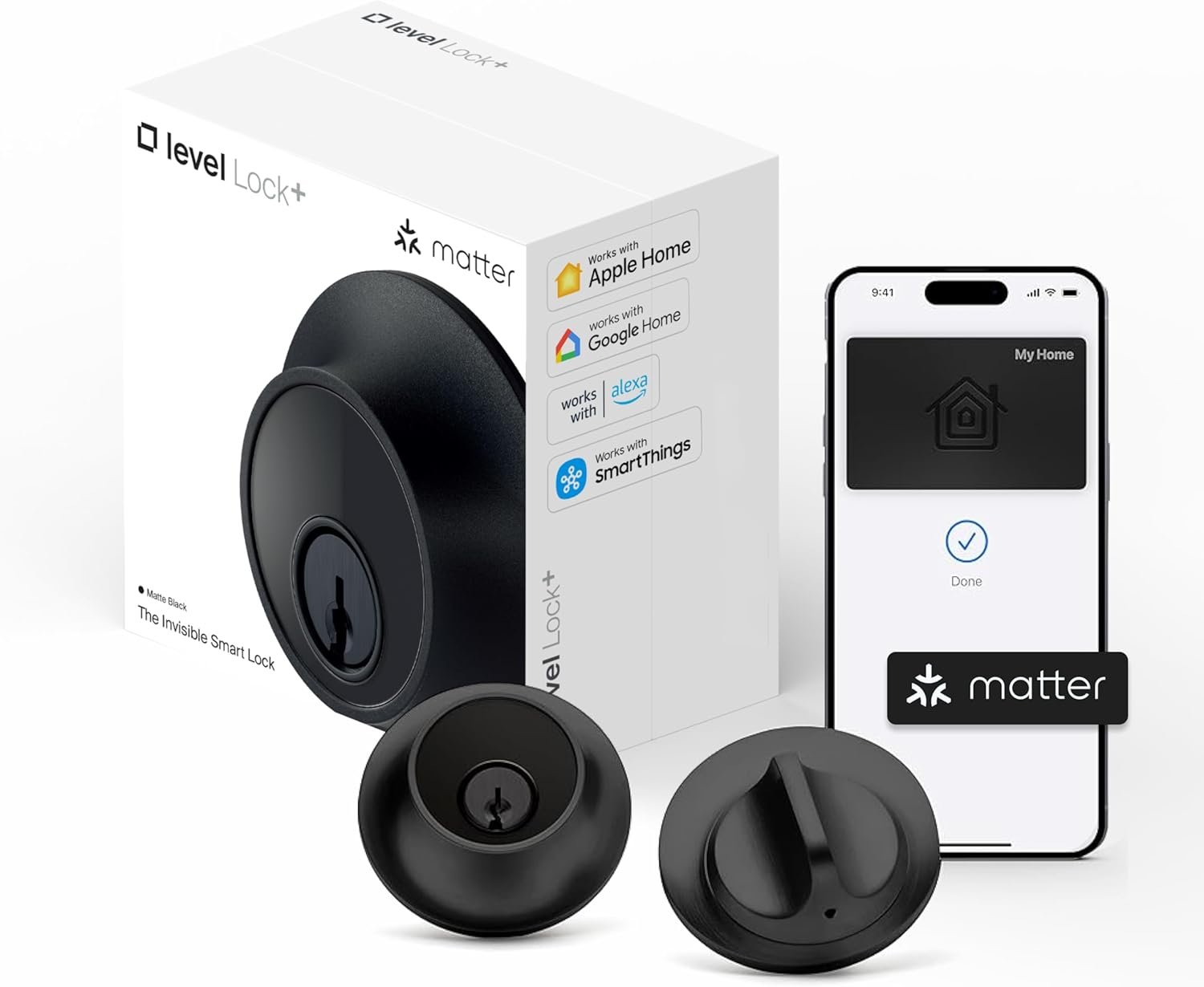 Level Lock+ (Matter) Smart Lock – World’s Smallest, Most Advanced Matter-Over-Thread Deadbolt Plus Apple Home Key – Keyless and Remote Access via Apple, Alexa, Google Home, SmartThings (Matte Black)
