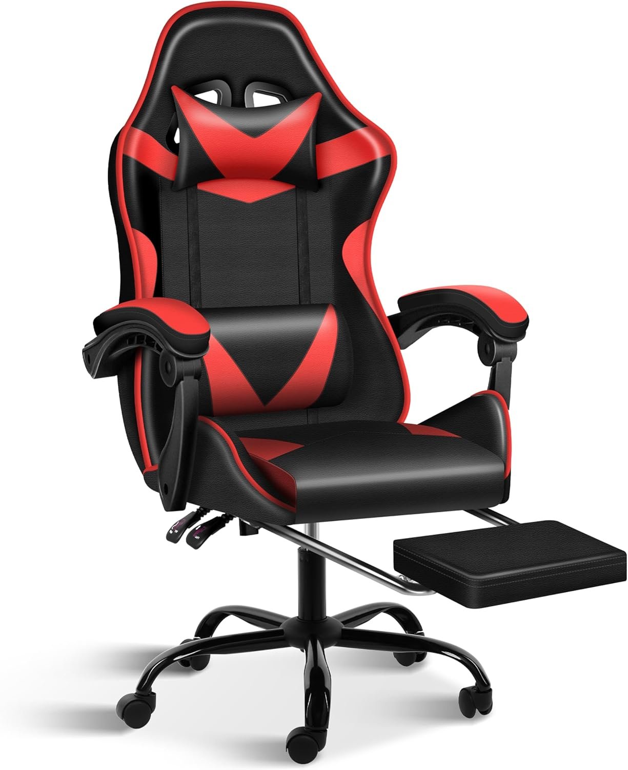 Simple Deluxe Office Chair – High Back Gaming Chair, Desk Chair with Adjustable Lumbar Support, Recliner Swivel Video Game Chair with Footrest, Height Adjustable, Black/Red