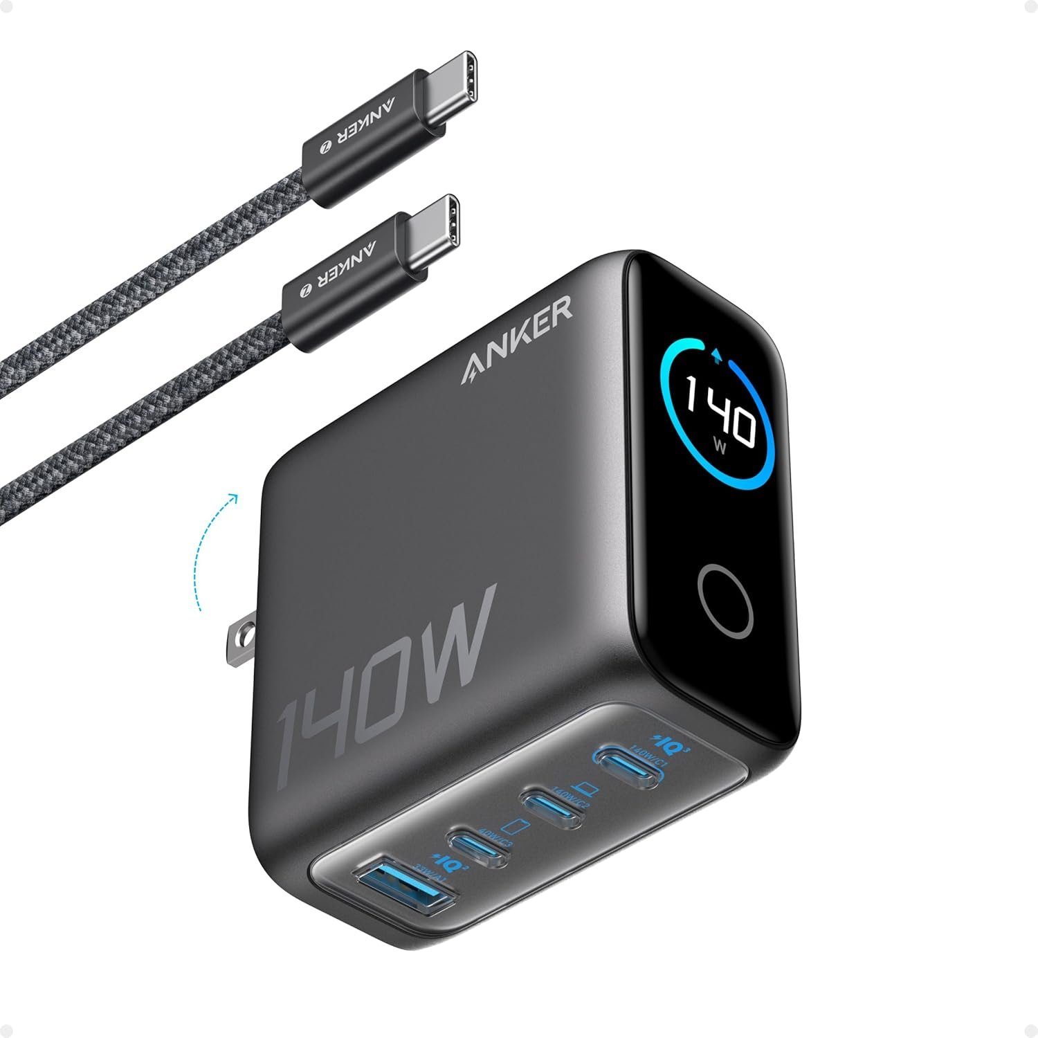 Anker Laptop Charger, 140W MAX 4-Port GaN USB C Charger, Fast Charging Power Adapter, Intuitive Touch Controls, for MacBook, iPhone 17/16 Series, iPad, Pixel, and More (Non-Battery)