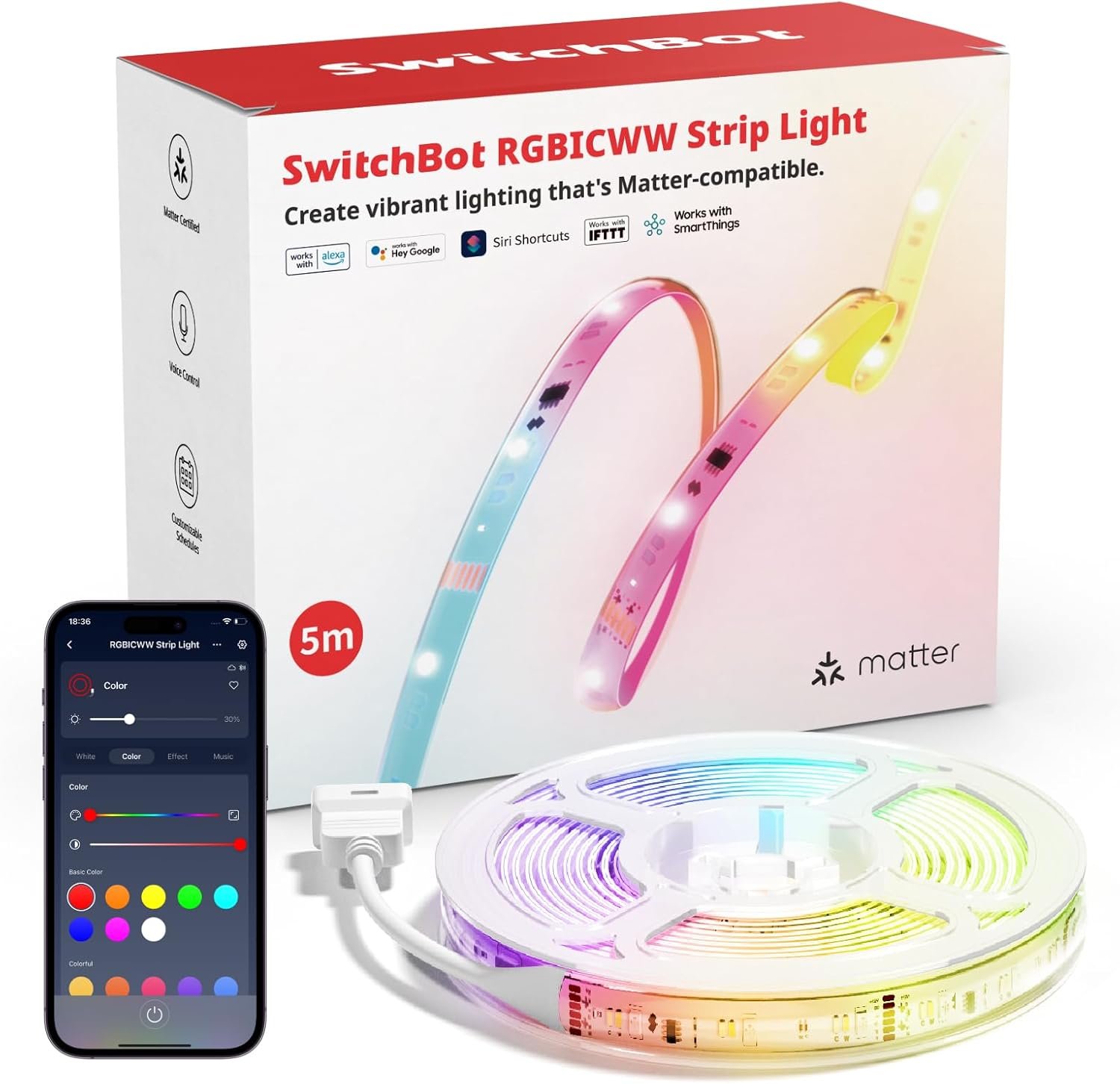 SwitchBot LED Strip Light 5M Voice Contorl, 72 LEDs/m, Compatible with Matter, Apple Home, Alexa & Google, 16M Colors, Music Sync, DIY Color-Changing LED Lights for Bedroom, Party, TV, Christmas décor
