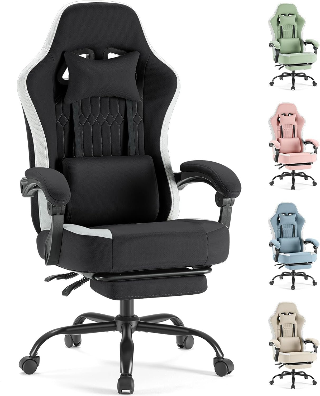 Sweetcrispy Computer Gaming Chair – High Back Ergonomic Desk Chair with Footrest and Lumbar Support, Height Adjustable Task Chair with Linkage Armrests and Headrest, 360° Swivel Wheels, Black