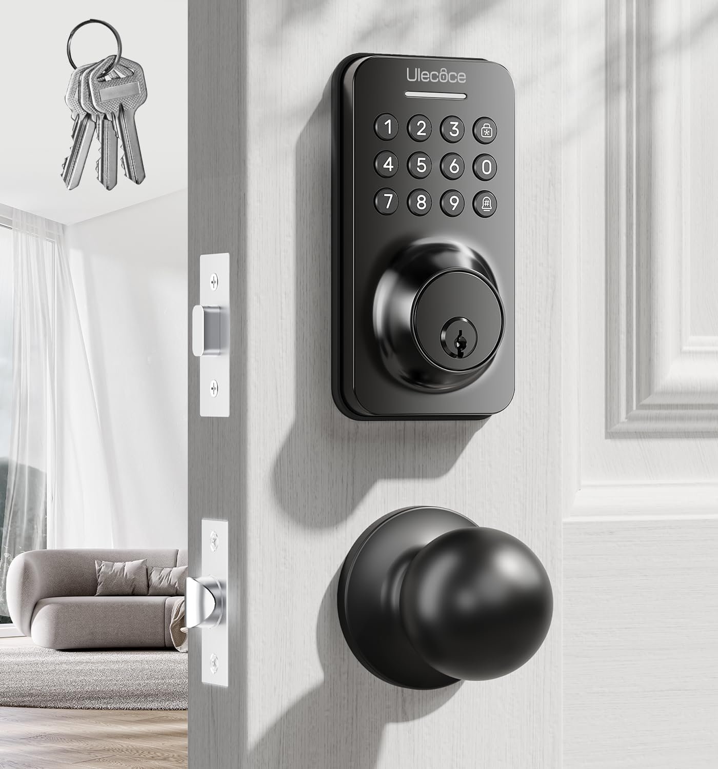 Ulecoce Keyless Entry Keypad Deadbolt with Handle Set, Smart Lock, Auto-Lock + One-Touch Lock, 100 Codes + 15-Min Easy Install, Ideal for Airbnb/Homes/Offices, Fits U.S. Standard Front Doors, Black