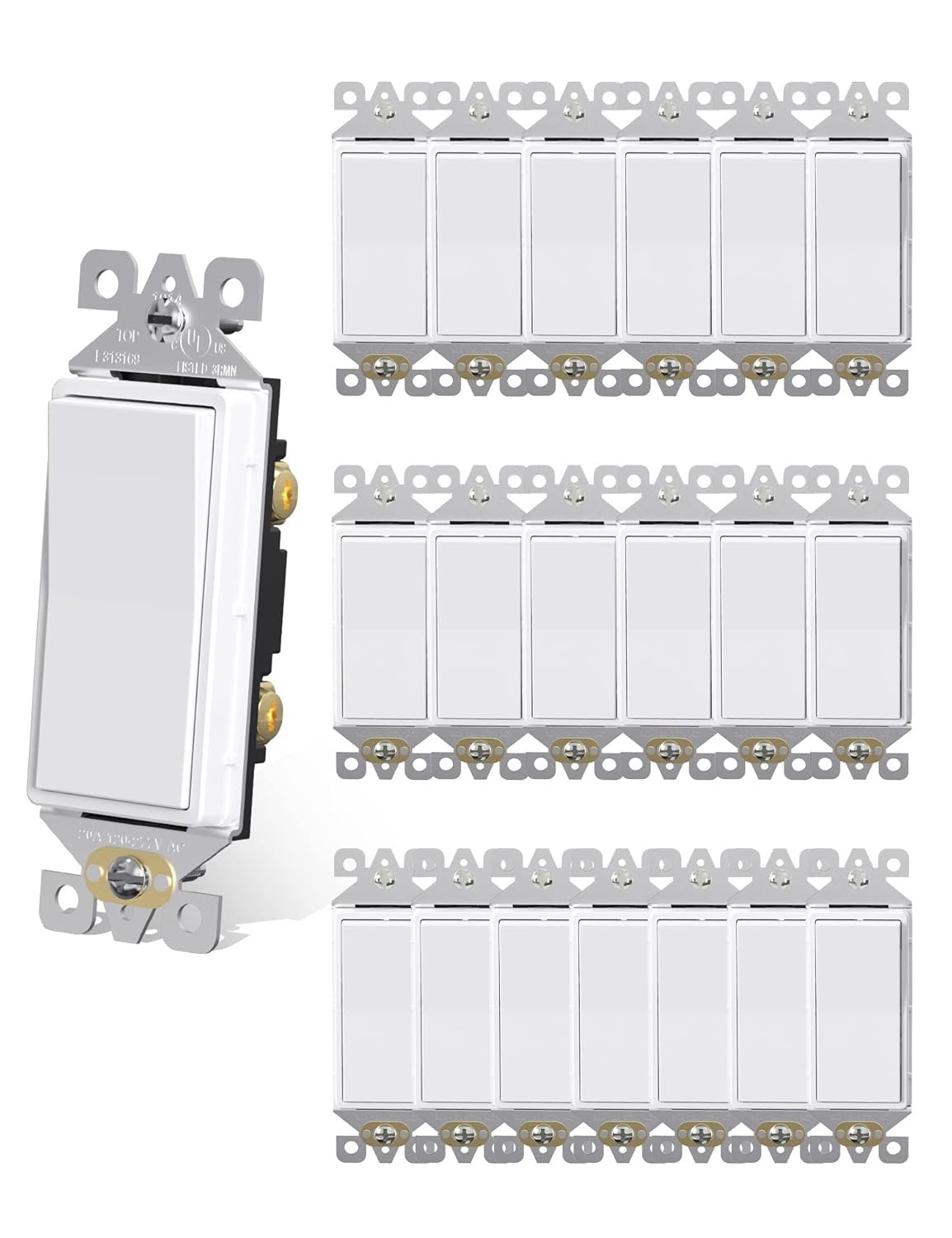 AIDA 20 Pack Light Switch Single Pole Light Switch Square Rocker Switch Decorative Switches White, 15 Amp Self-grounding Electrical Light Switches, Residential Grade, UL Listed Glossy White