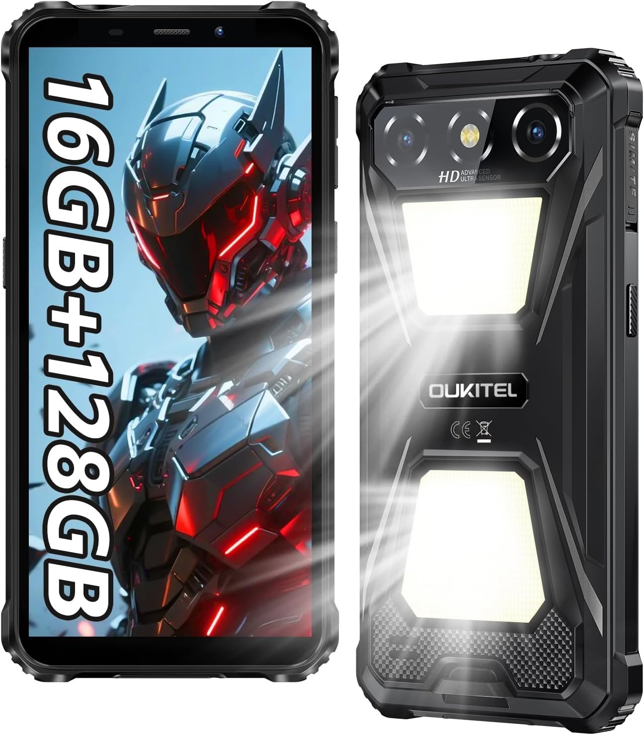 OUKITEL G5 Rugged Smartphone Unlocked 2025-16GB+128GB/TF 1TB Cell Phone, 900LM Dual Camping Lights, 6” Display, 6300mAh Battery, 13MP Camera, 4G Dual SIM Phones, IP68/IP69K/GPS/3.5mm Jack, Black