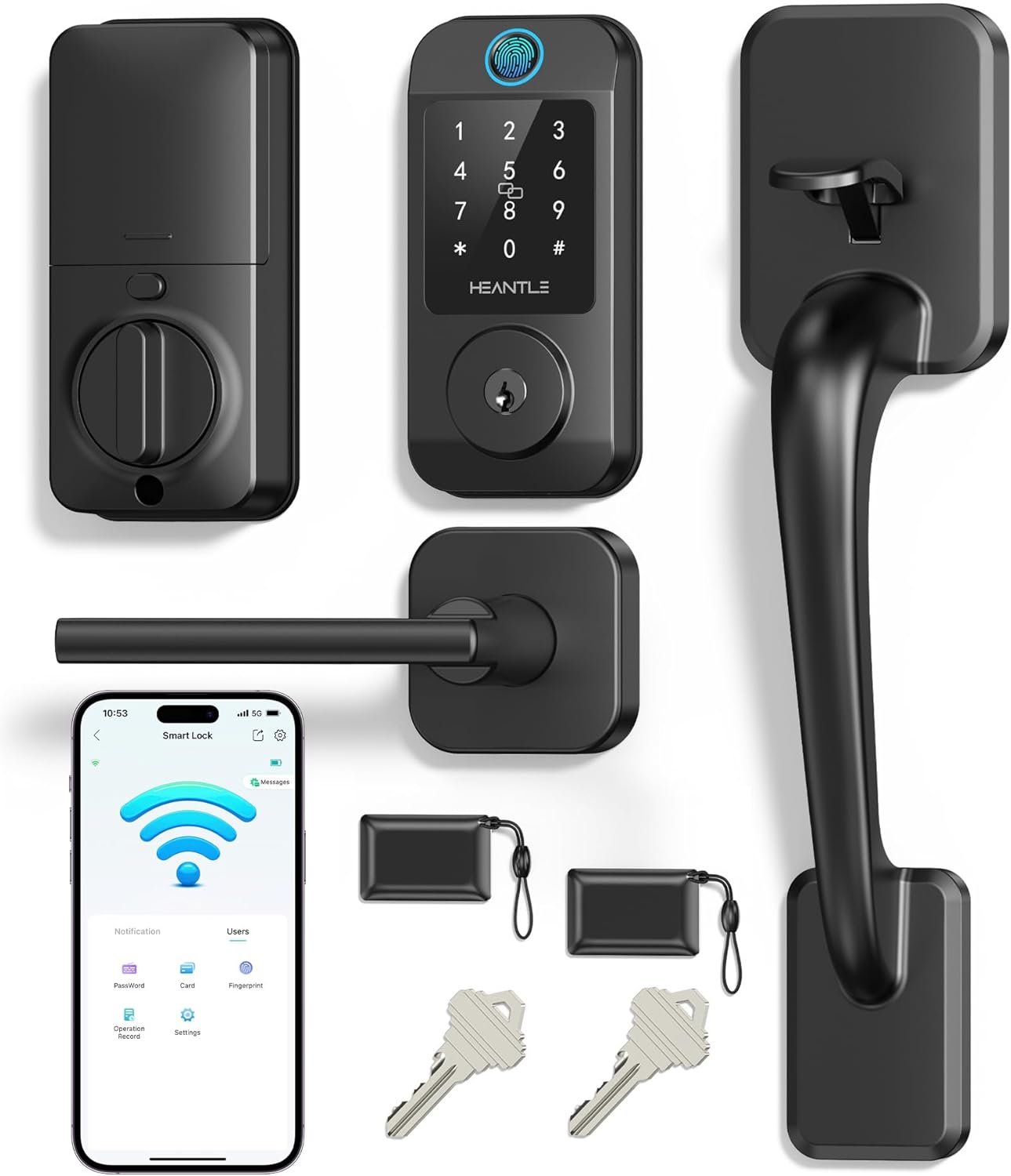 Wi-Fi Front Door Lock Set – HEANTLE Smart Locks for Front Door Built-in WiFi Keyless Entry Deadbolt with Handle Set Fingerprint Smart Electronic Deadbolt, Works with Alexa & Google Assistant Black