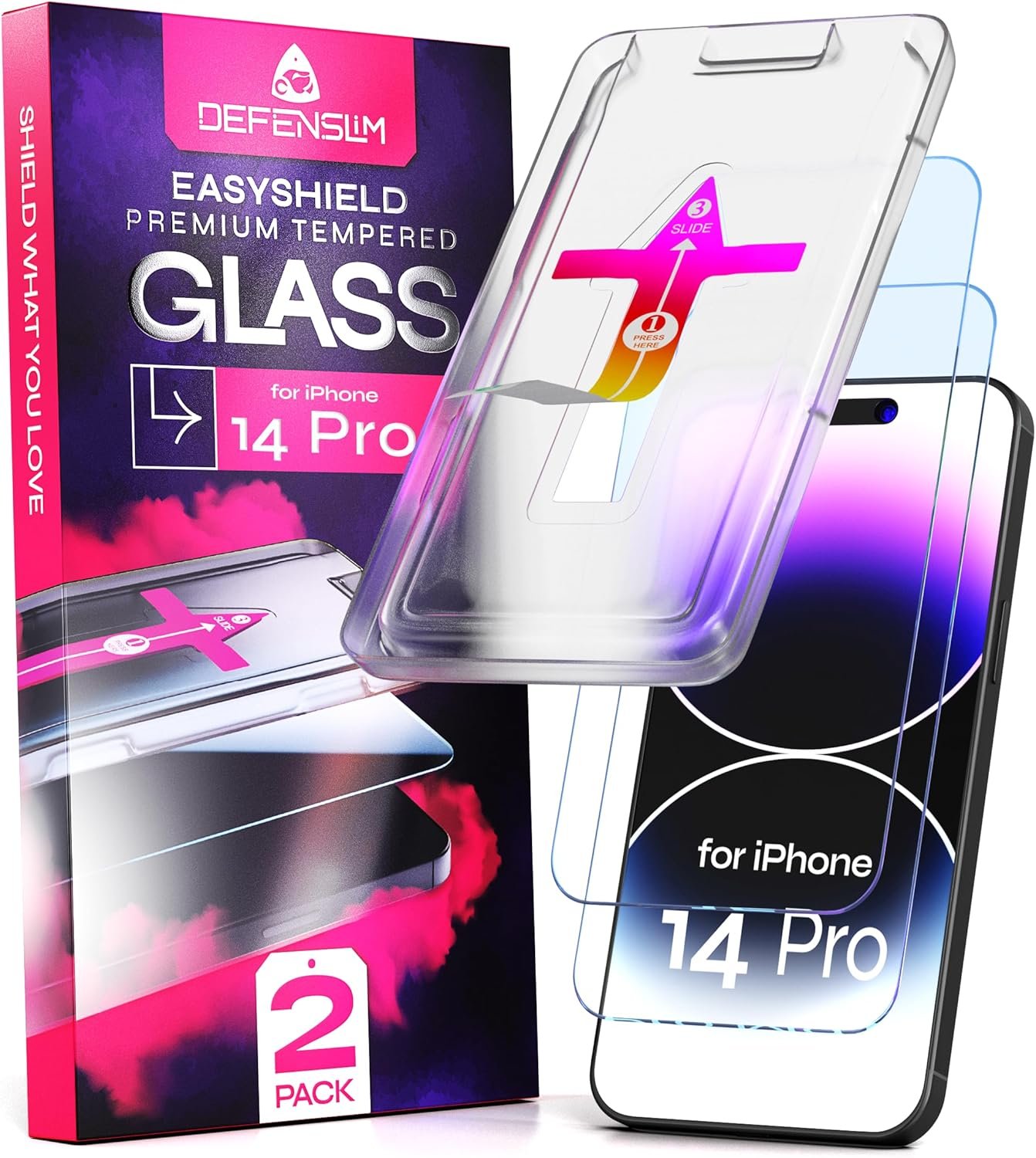 Defenslim Screen Protector for iPhone 14 Pro (2Pack), Easy Auto-Align Install Kit, 6.1″ Tempered Glass, 9H Hardness, Ultra HD Clear, Case Friendly, EasyShield