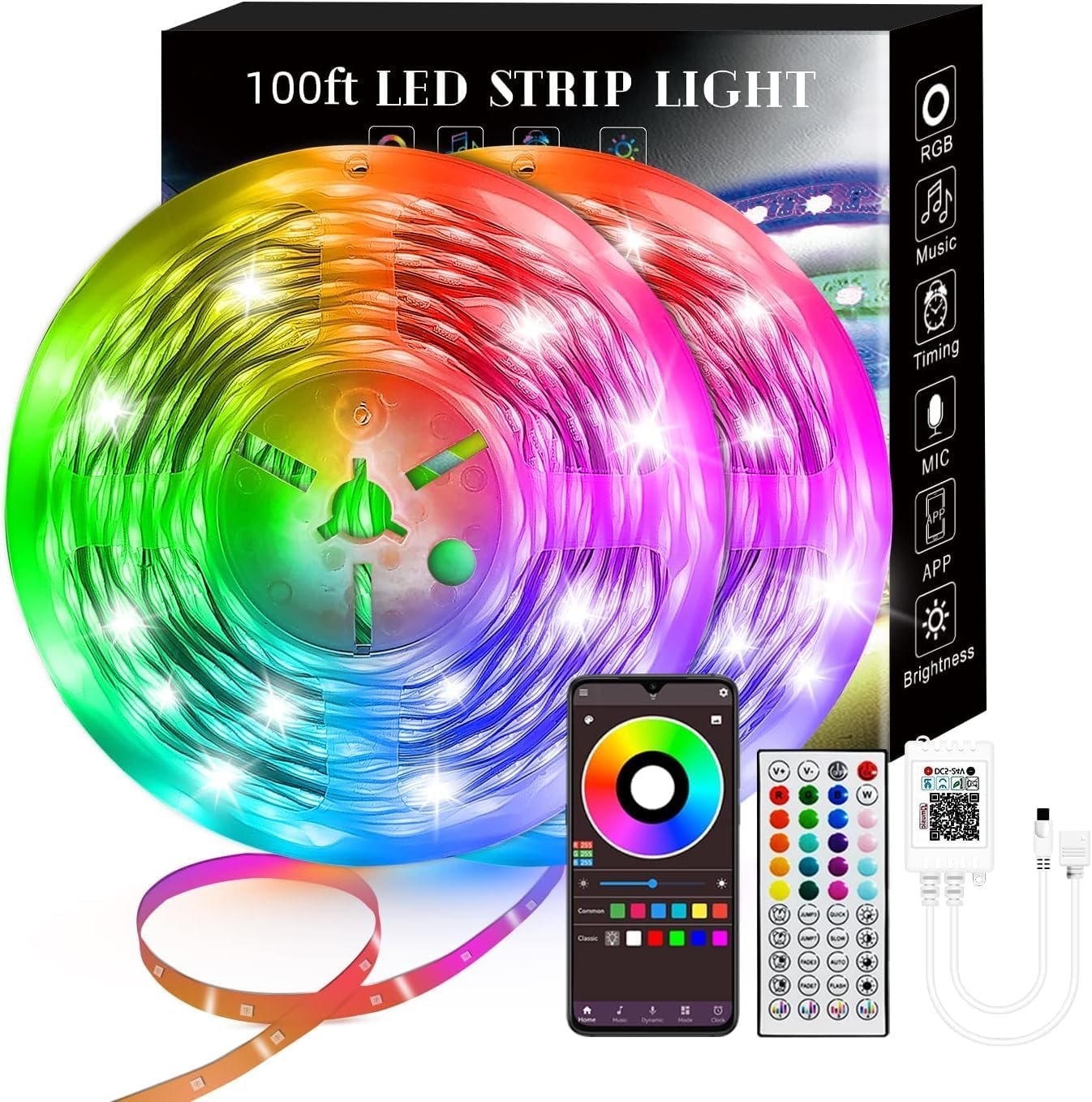 100FT Smart LED Strip Lights , RGB Strip Lights Sync to Music with 40 Key Remote Controller LED Lights for Bedroom, Christmas Lights decration (Multi-Colored, 100FT)