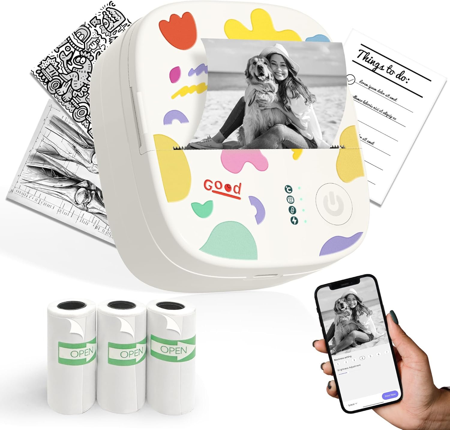 XenGro Mini Sticker Printer AHM2, Mini Thermal Printer with 3 Rolls Paper, Portable Bluetooth Inkless Printpods, Pocket Label Maker Suitable for Creative Kids DIY, Diaries, Photos, Study Notes -White