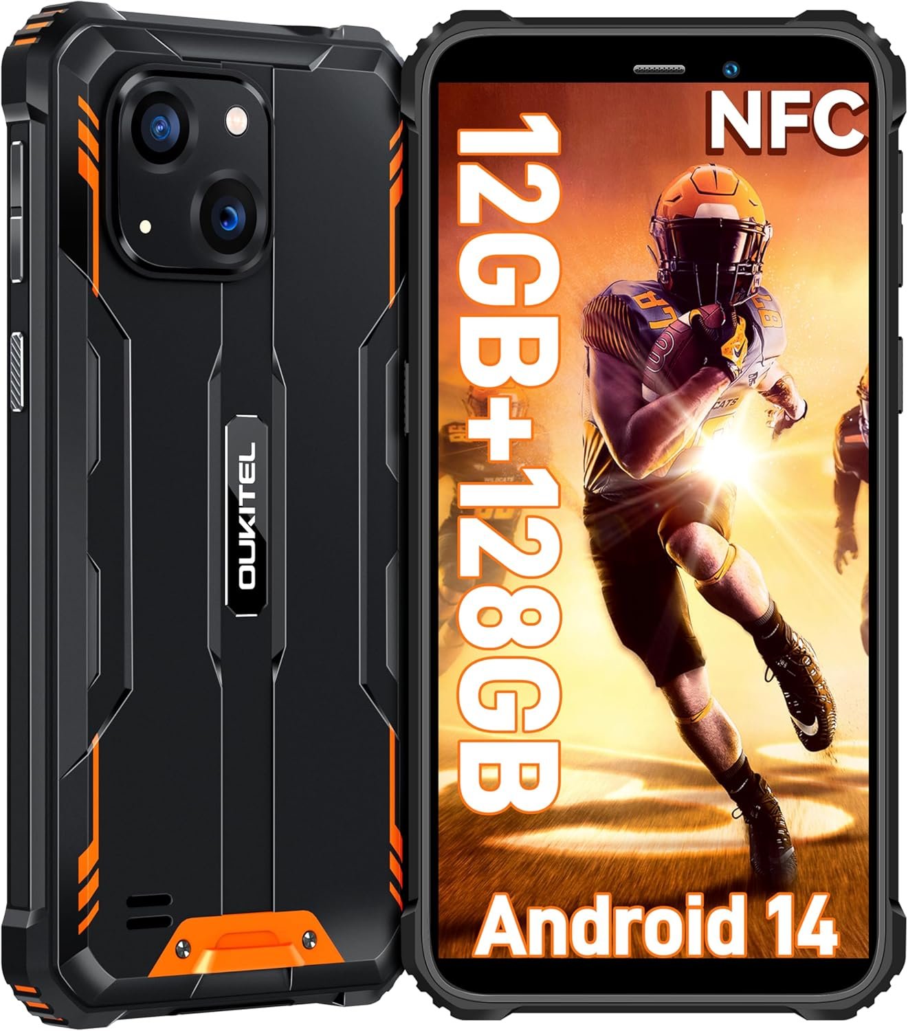 OUKITEL WP32 Rugged Phone Unlocked – 6300mAh Battery Rugged Smartphone Android 14, 6.0″ HD+ Screen, 12GB+128GB Mobile Phones, 20MP+5MP Camera, 4G Dual SIM, 3.5mm Jack, NFC,BT5.0,GPS, Orange