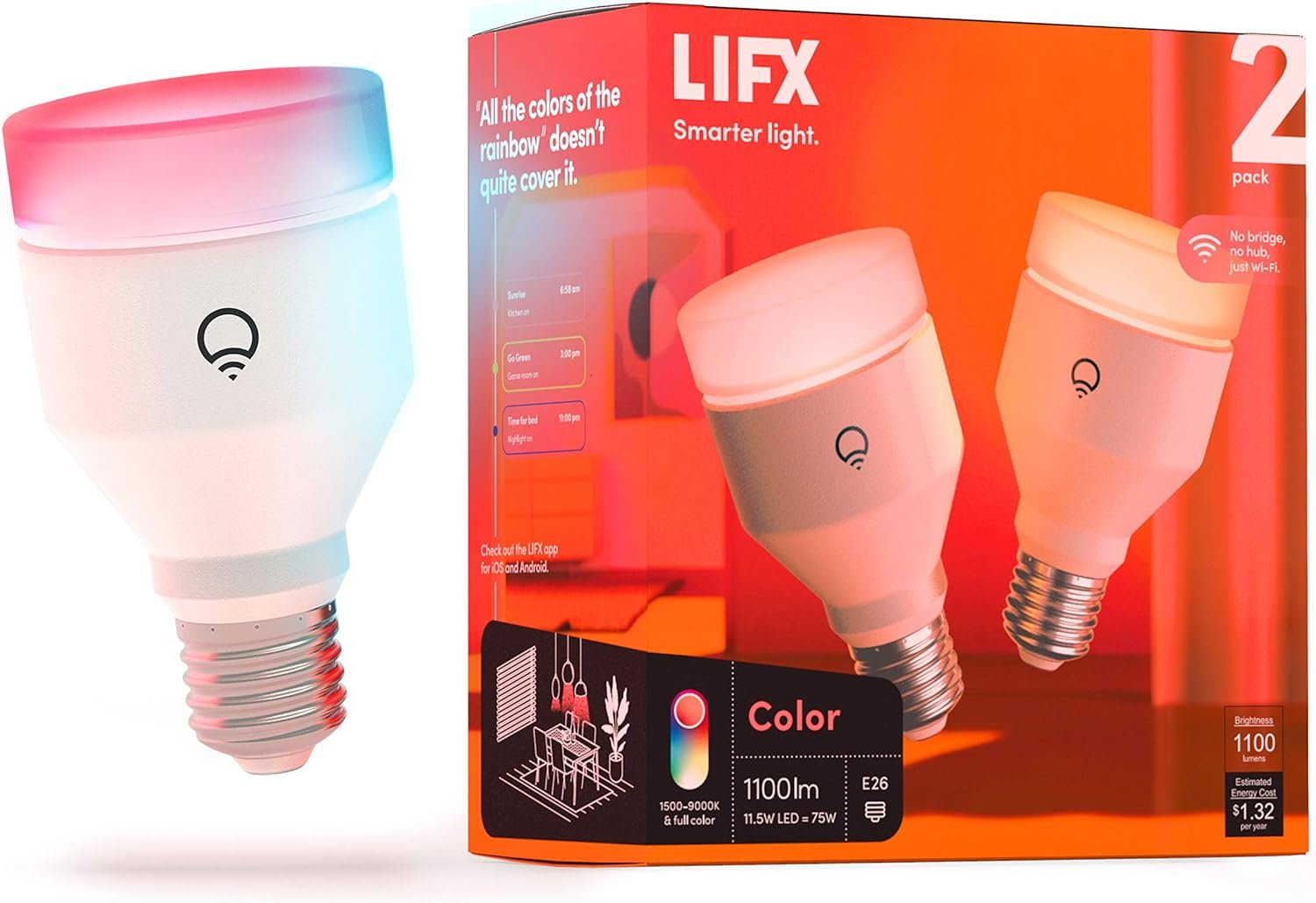 LIFX Color, A19 1100 lumens, Wi-Fi Smart LED Light Bulb, Billions of Colors and Whites, No Bridge Required, Compatible with Alexa, Hey Google, HomeKit and Siri (2 Pack)