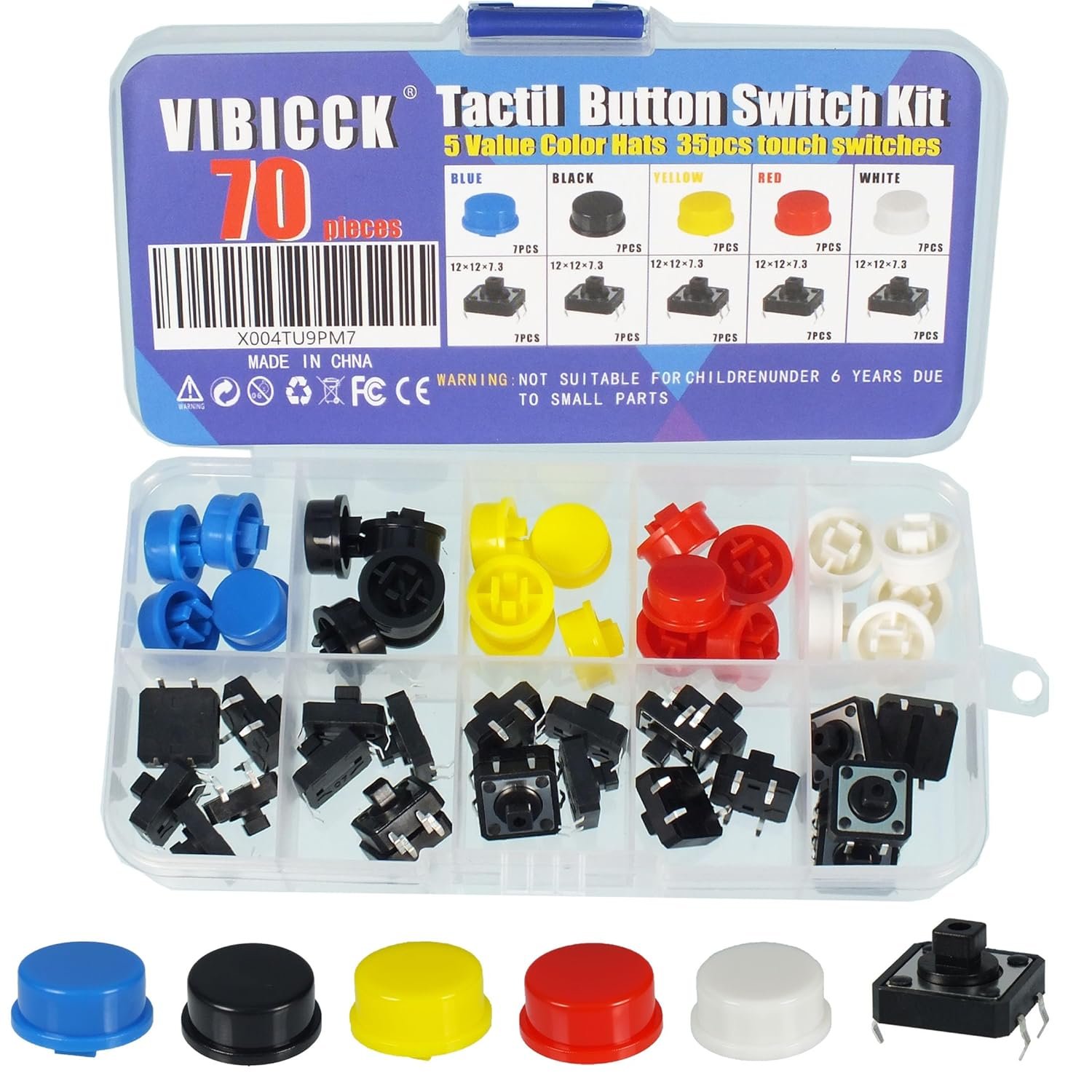 VIBICCK 35 Sets 12x12x7.3mm Tact Tactile Button switches, 4-pin instantaneous PCB Micro switches with caps, Suitable for Arduino, AE1027 5-Color Circular Cap Combination kit for DIY 70 Pieces