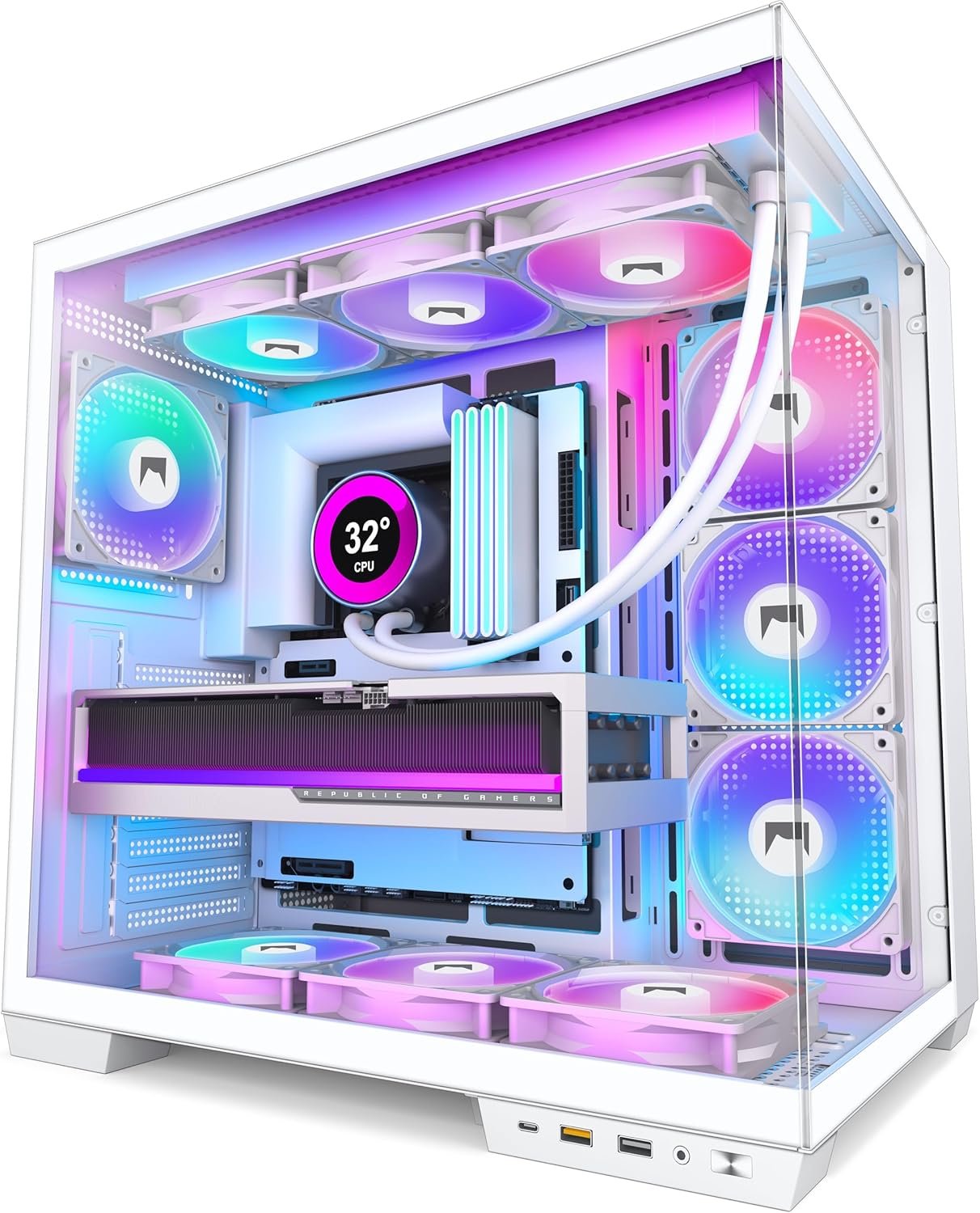 HYXN H1 HYXN ATX PC Case – Pre-Installed with 7 PWM ARGB Fans – Dual Cavity Mid-Tower PC Gaming Case – with Type-C – Can Hold up to 3X 360mm heatsinks simultaneously (White, H1)